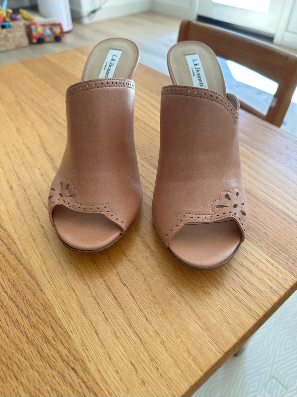 LK Bennett Cognac Leather Open-Toe Mule with Perforated Detail